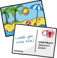 cartoon post cards, showing beach scene with 'I wish you were here' written on